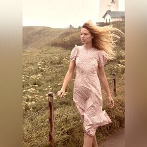 Doen Dia Floral Organic Cotton Puff Sleeve Midi Dress Cottagecore Red White XL